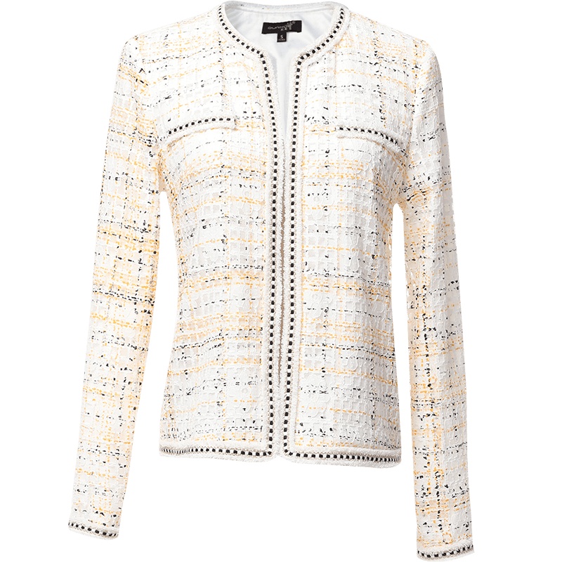 欧昵雪圆领气质小香风短款外套女长袖印花蕾丝开衫