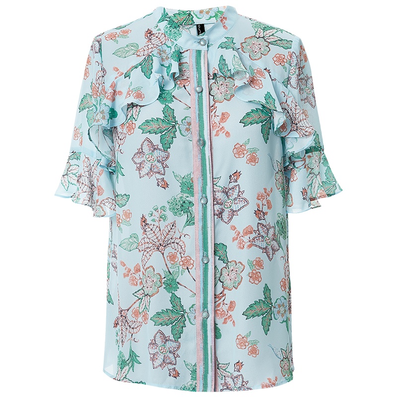 欧昵雪清爽印花梭织雪纺衫夏文艺范翻领连肩短袖衬衫女