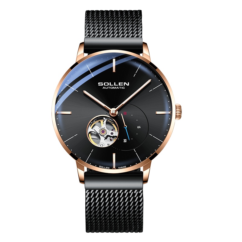 梭伦(SOLLEN)专柜同款正品男士手表男自动机械表2019新款轻薄钢带镂空防水潮流男生概念手表