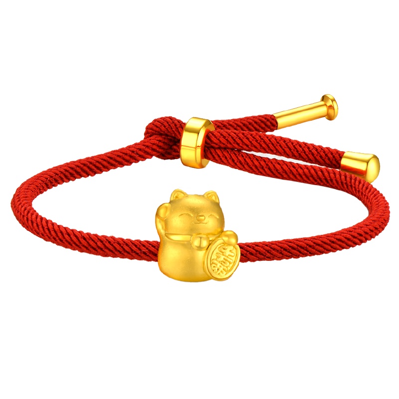 蒂蔻 猫黄金手链男女款可爱本命年足金红绳手链宝宝款生日礼物