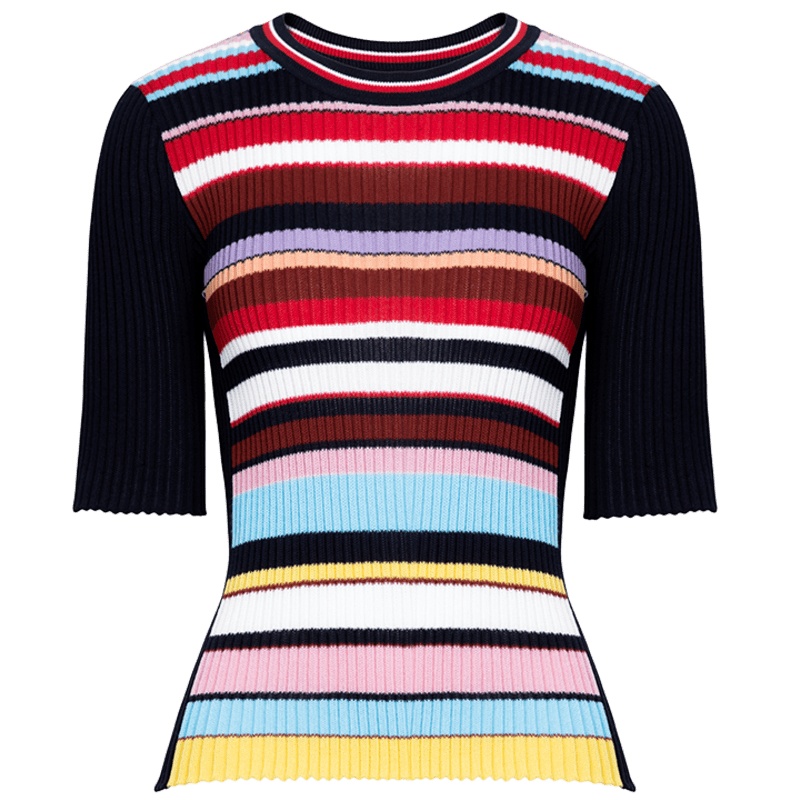 鄂尔多斯ERDOS 春夏纯棉撞色拼接圆领抽条半袖女士针织衫/毛衣