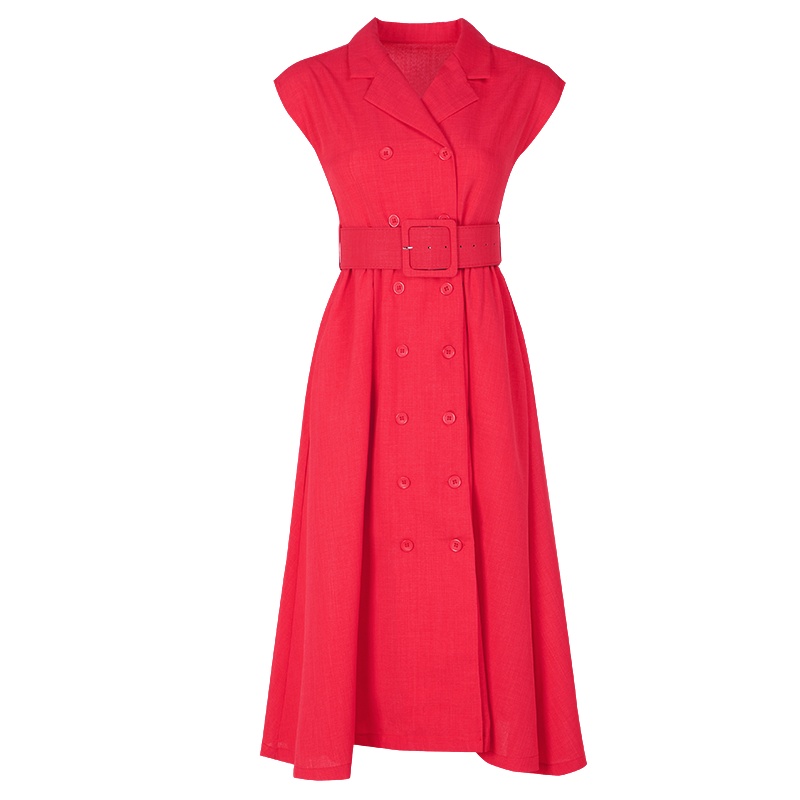 晩白 新品纯色职业百搭西装领双排扣收腰中长A字连衣裙