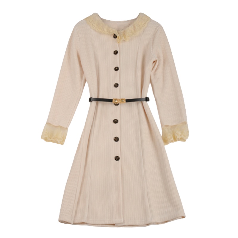 拉夏贝尔Laetia2021春季新款法式复古蕾丝拼接柔软亲肤绒面连衣裙