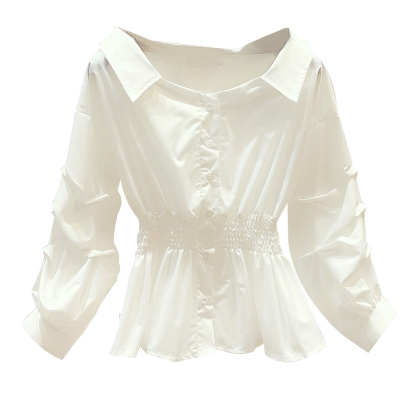 小样传奇 2021春秋季宽松漏锁骨心机收腰衬衫韩版v领上衣女白色衬衣泡泡袖