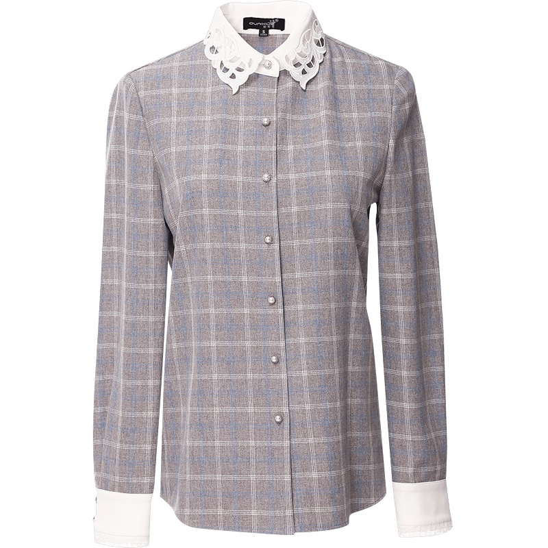 欧昵雪秋冬季镂空拼接蕾丝边长袖显瘦格子衬衫女上衣