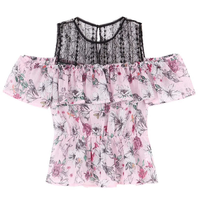 马克华菲女装2019夏一字肩荷叶边上衣女露肩蕾丝拼接衬衫