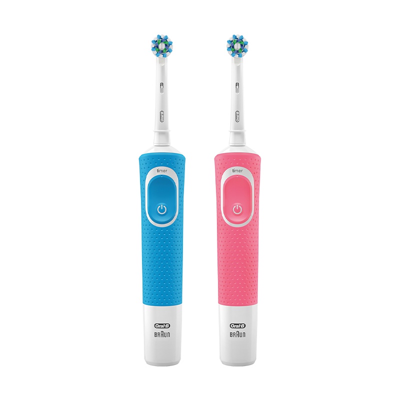 博朗(BRAUN)欧乐B(Oralb)电动牙刷 成人2D声波震动D100 樱花粉、清新蓝双支装