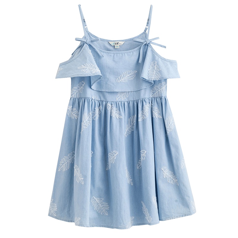 茵曼童装女童夏装牛仔连衣裙落肩袖洋气蝴蝶结女孩裙子