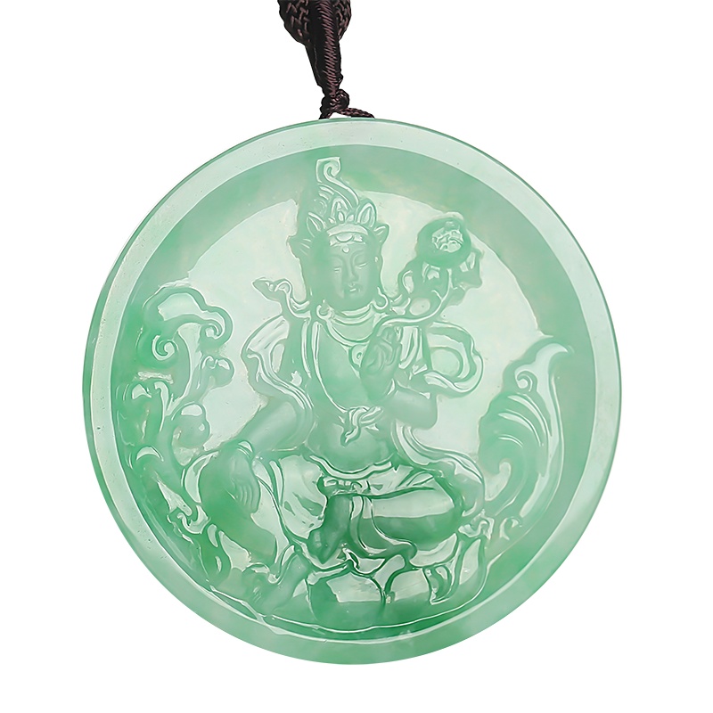 [已售]印象眸[玉雕大师周子周工作室作品]翡翠吊坠 飘绿圆牌度母观音男款玉石孤品挂件 附送证书