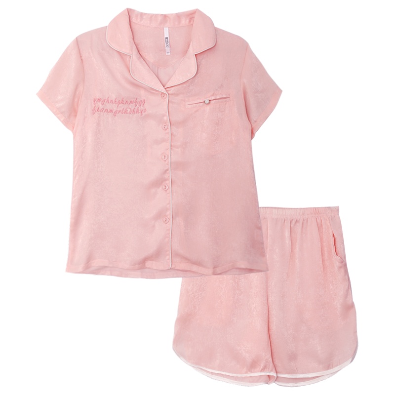 红豆居家春夏款女士短袖睡衣女式字母刺绣丝滑清爽休闲风家居服套装可外穿