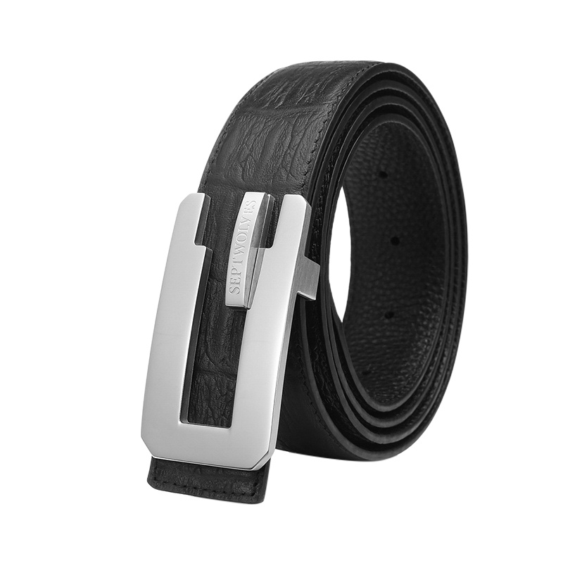 七匹狼男士皮带 时尚商务牛皮中青年腰带针扣休闲裤带W70054-01黑色115-130cm送父亲男友生日七夕情人节礼物