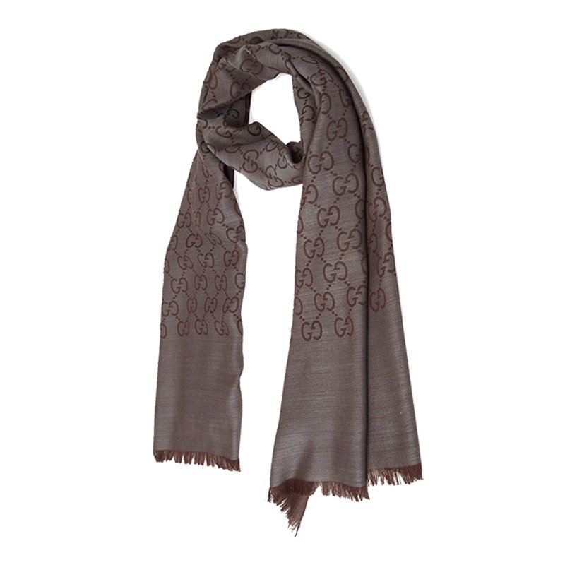 GUCCI 古驰 女士羊毛双G图案流苏边围巾 拿铁灰165904 3G646 1264