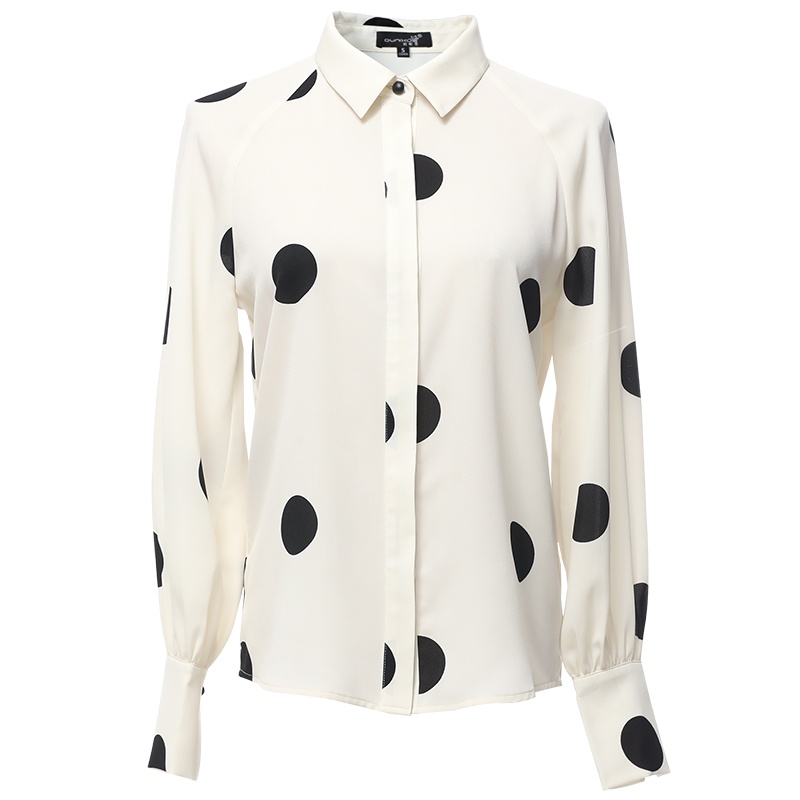 欧昵雪复古翻领波点印花衬衫女上衣宽松显瘦长袖衬衣