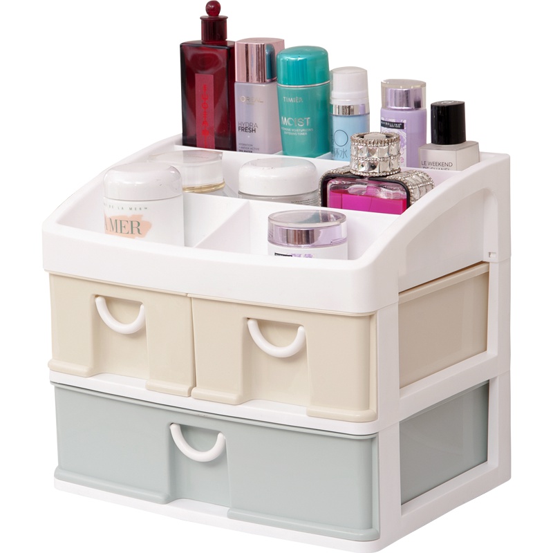 宝优妮桌面收纳盒抽屉式化妆品收纳架护肤品置物架梳妆台整理盒DQ9058-2三层三抽