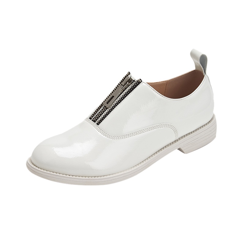 达芙妮2020春金属拉链粗跟乐福鞋拉链圆头平底皮鞋