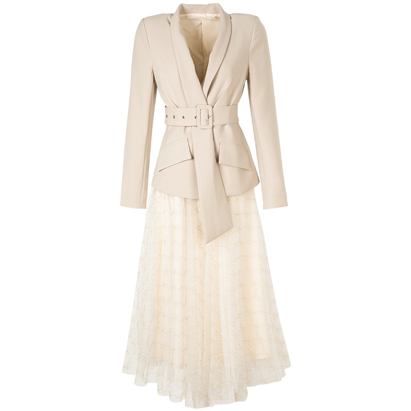 晚白2021春季新品简约两件套西装外套高腰纱纱裙半裙时尚套装女