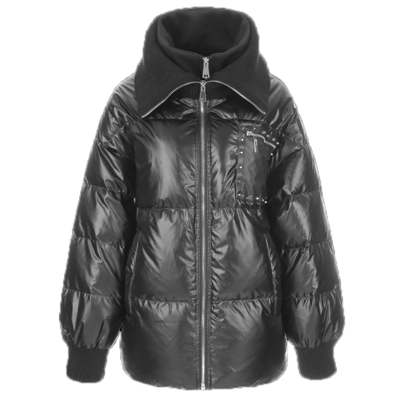 高梵黑色亮面羽绒服女中长款2019新款时尚大翻领宽松假两件冬装女