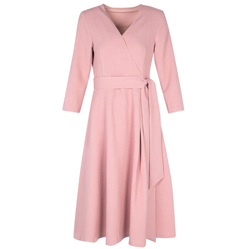 晚白2021春季新品时尚淑女修身显瘦V领简约高腰A字裙连衣裙女