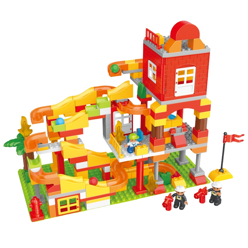 汇奇宝 大颗粒积木儿童拼装工程主题汽车3-4-5-6岁男孩玩具塑料建筑工地场景 消防滑道【191大颗粒】