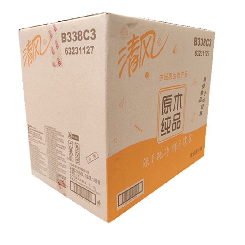 清风B338C3原木纯品盒装面巾纸 2层200抽 3盒/提 12提/箱