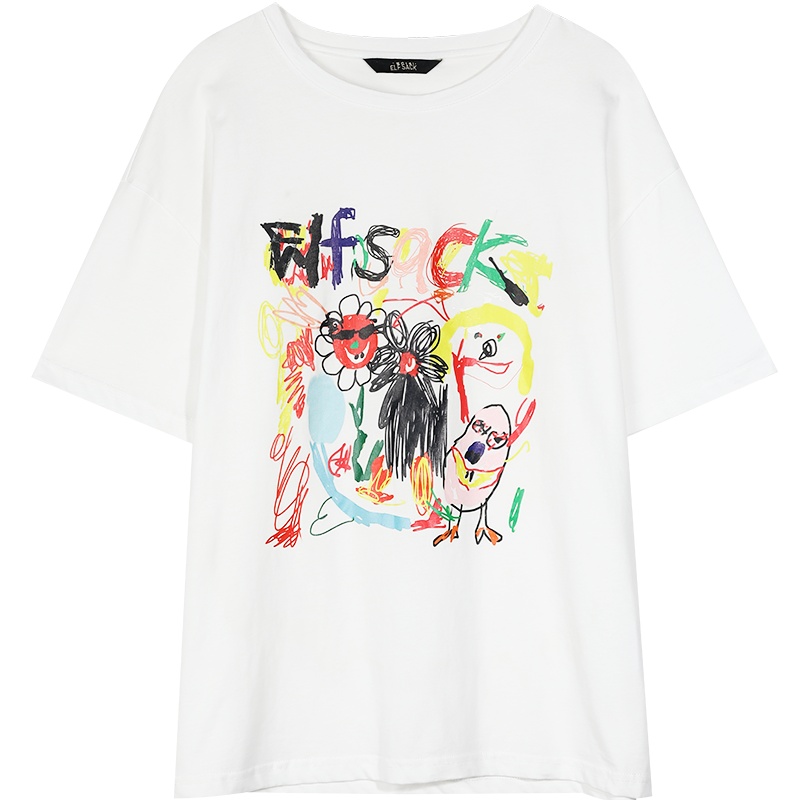 【新款】妖精的口袋白色涂鸦短袖T恤女2020夏季印花宽松韩版上衣