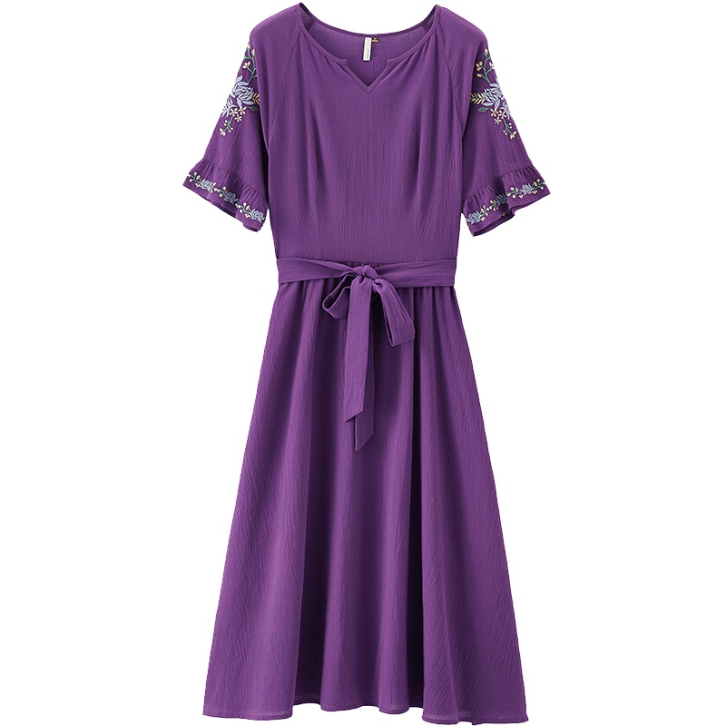 茵曼2019夏装新款全棉V口圆领绣花喇叭袖收腰系带A摆纯色连衣裙女