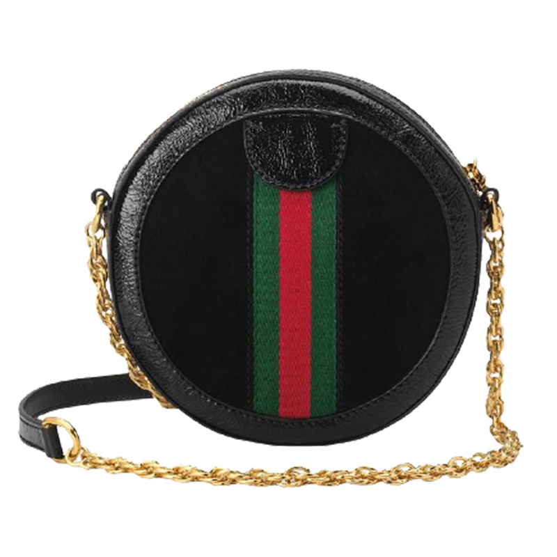 古驰 GUCCI 女士Ophidia系列黑色麂皮红绿条纹饰圆形迷你单肩斜挎包 550618 D6ZYB 1060