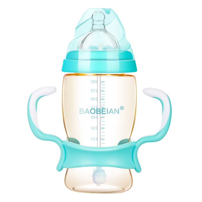 : 宝倍安(Bao bei an)宝宝进口材质宽口径PPSU奶瓶塑料防摔带把手吸管奶壶300ml蓝色YBP004加赠奶嘴