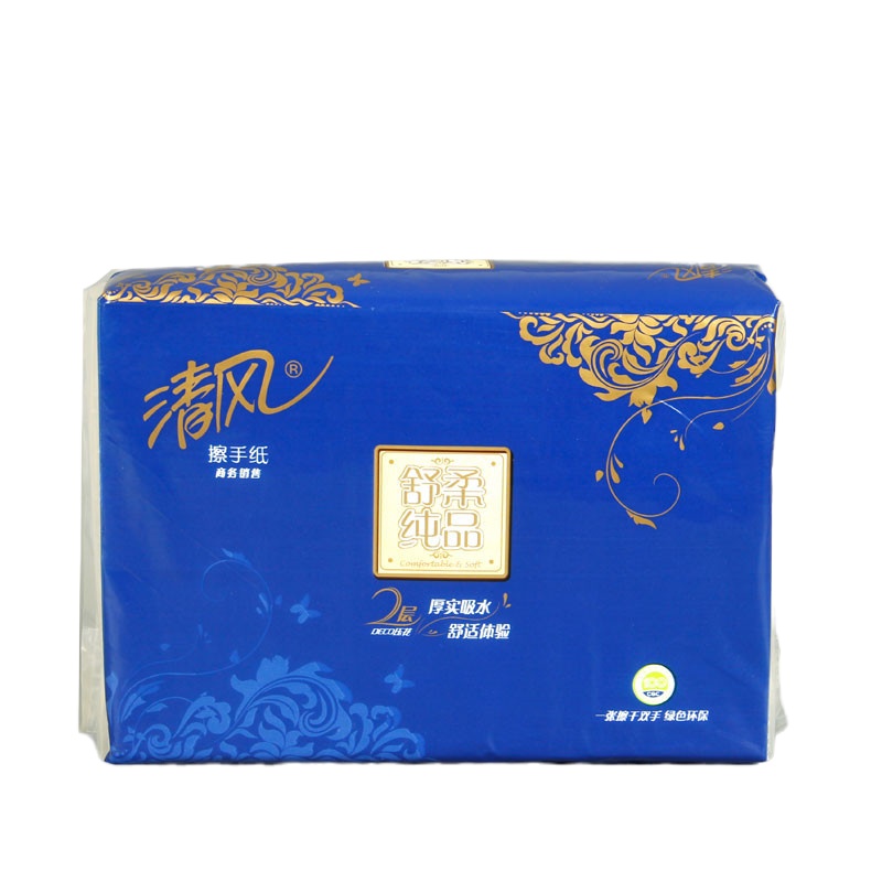 清风B913B舒柔纯品2层DECO压花150张擦手纸软包 原生木浆 商用办公 生活用纸 卫生纸
