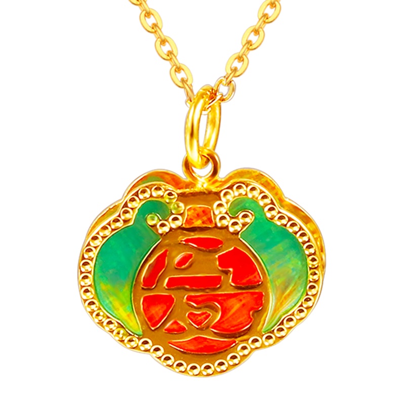 黄金码头5G足金999高温空窗珐琅爱情锁吊坠女送情人女友宝情表白