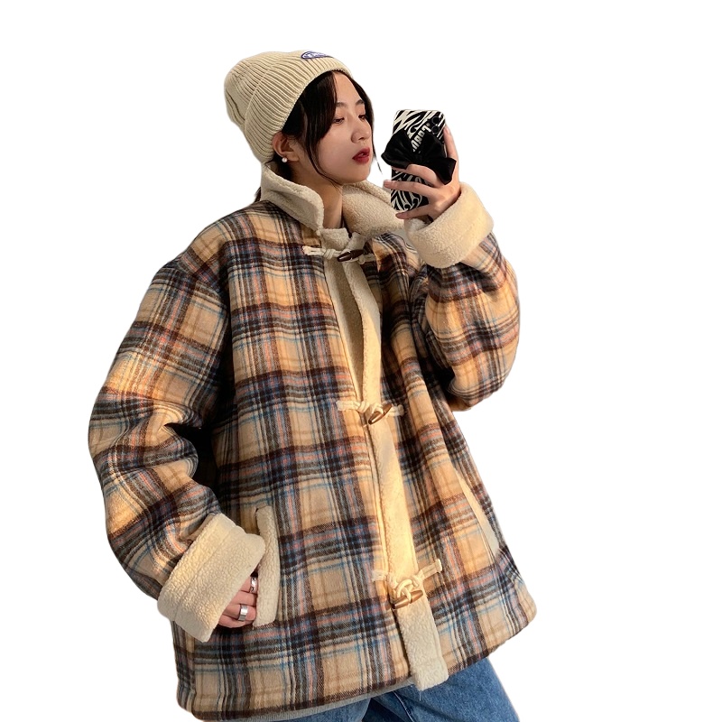 茜靓CHYLLIRN情侣冬装棉服2020新款女羊羔绒冬季外套ins大码胖mm格子棉袄