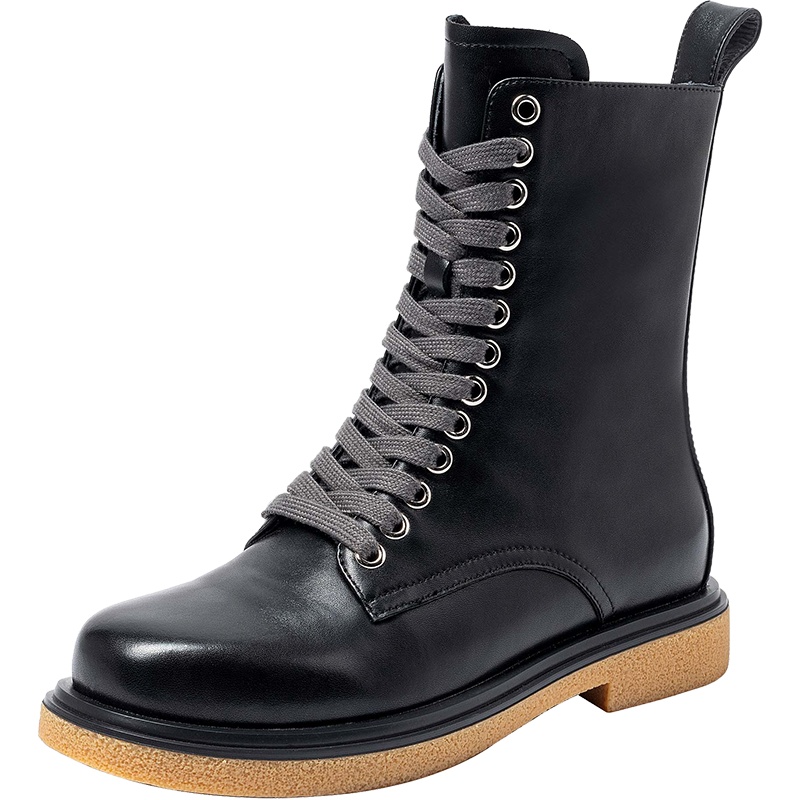 百田森冬季新款真皮马丁靴女时尚英伦风平底中筒靴休闲