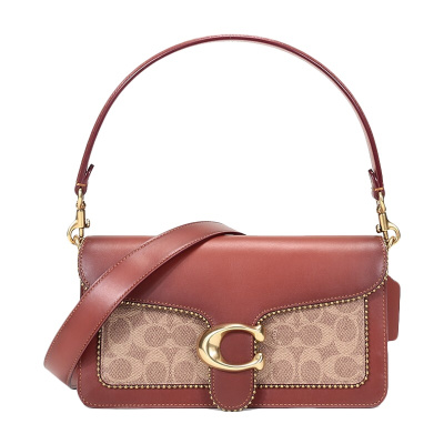 COACH女包蔻驰包包Tabby系列酒神包哈顿小方包奢侈品专柜款牛皮单肩斜挎包珠帘棕色拼卡其6793 B4NQ4
