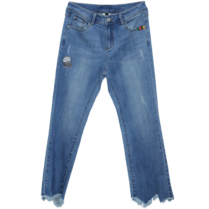 LIEDOW/蕾朵牛仔裤女2019春季新款流苏刺绣九分裤修身阔腿裤女