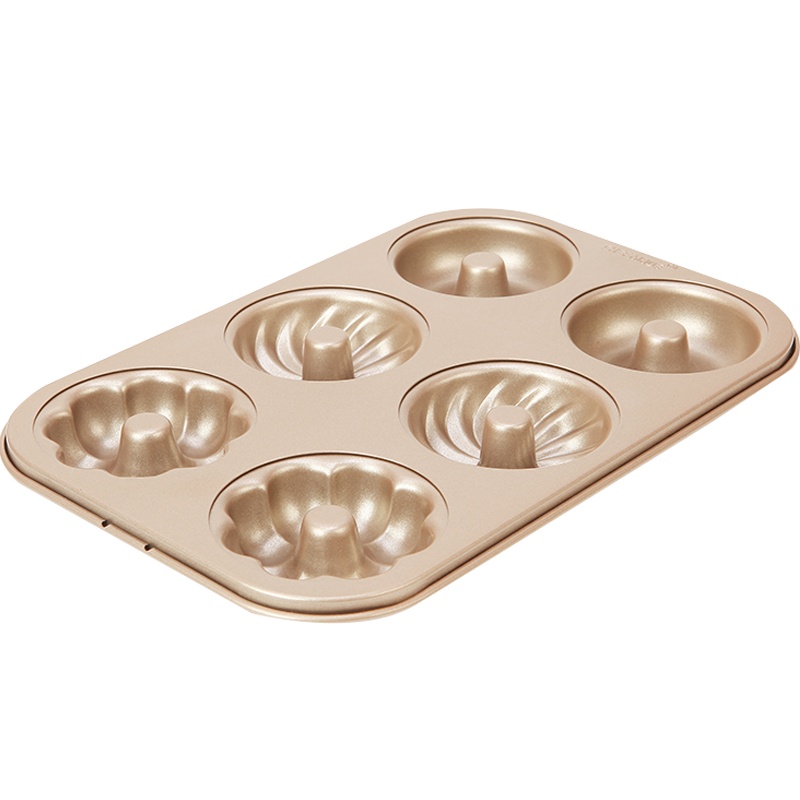 学厨6连杯3花型甜甜圈模具面包圈26.7*18.1*2.2cm金色花式迷你南瓜型空心蛋糕烘焙烤盘烤箱用具WK9226