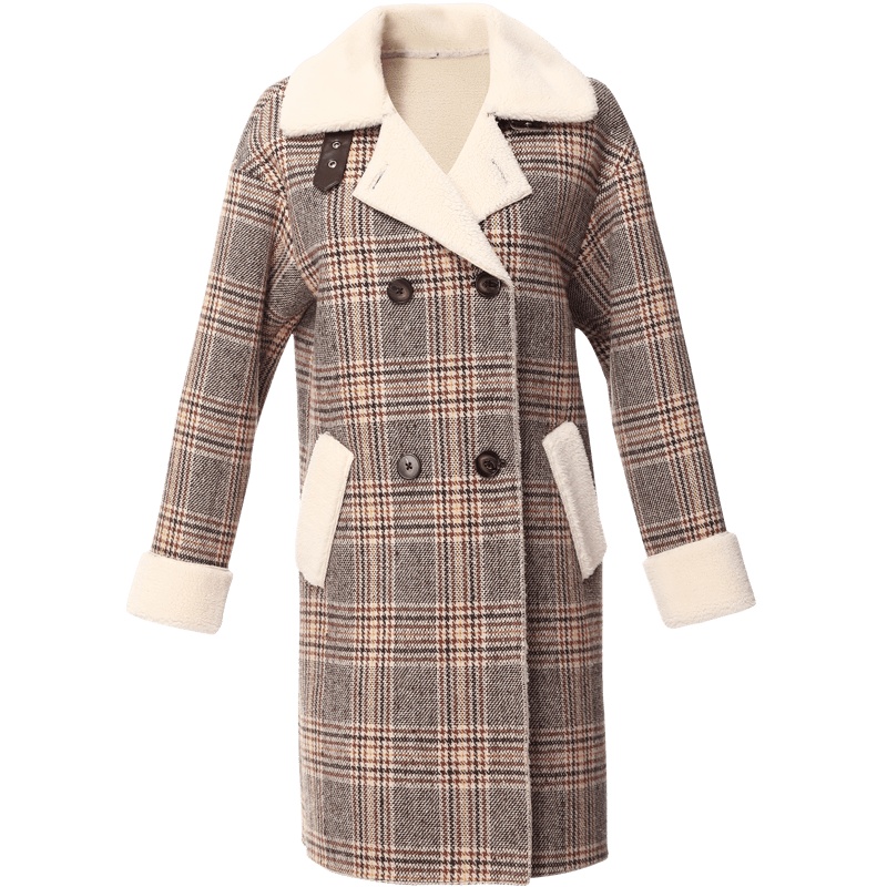 欧昵雪秋冬羊羔毛翻领中长款格子宽松加绒毛呢外套女大衣