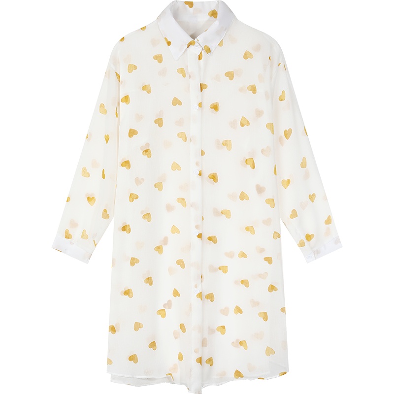 【新款】妖精的口袋印花薄款长袖衬衫外套女2020夏中长款韩版上衣