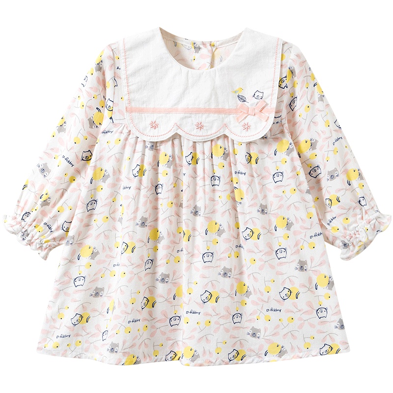 哈贝比（happyB）女宝宝卡通印花长袖荷叶连衣裙婴儿春款衣服休闲外出上衣