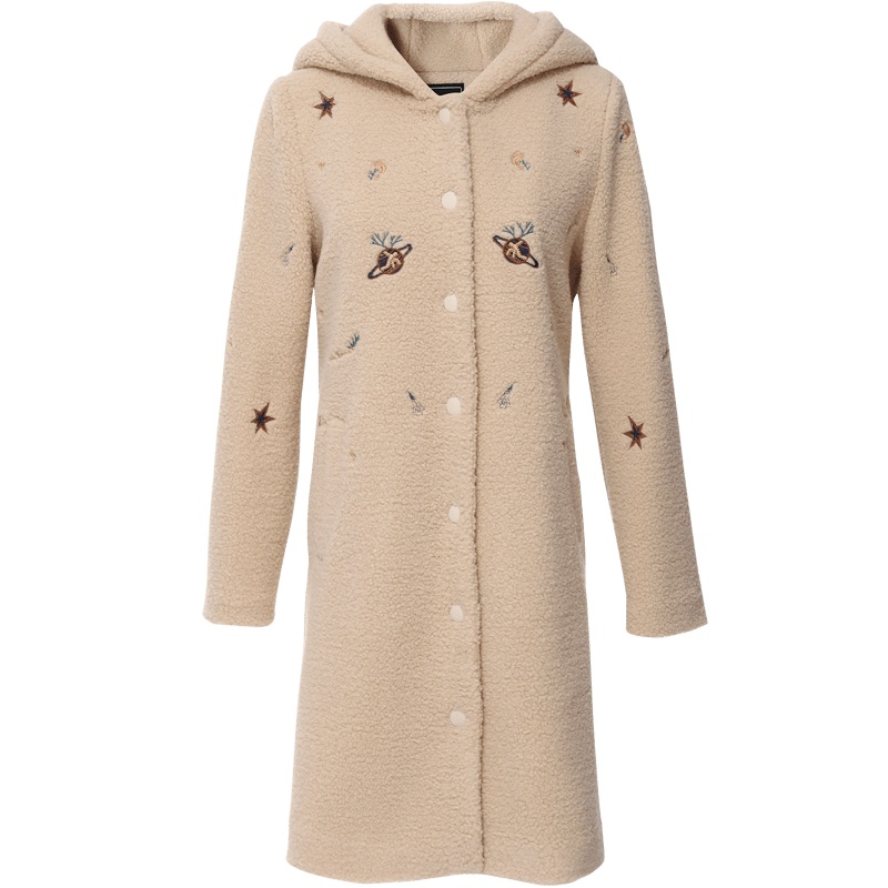 欧昵雪秋冬季连帽趣味绣花加厚毛绒大衣女中长款宽松外套