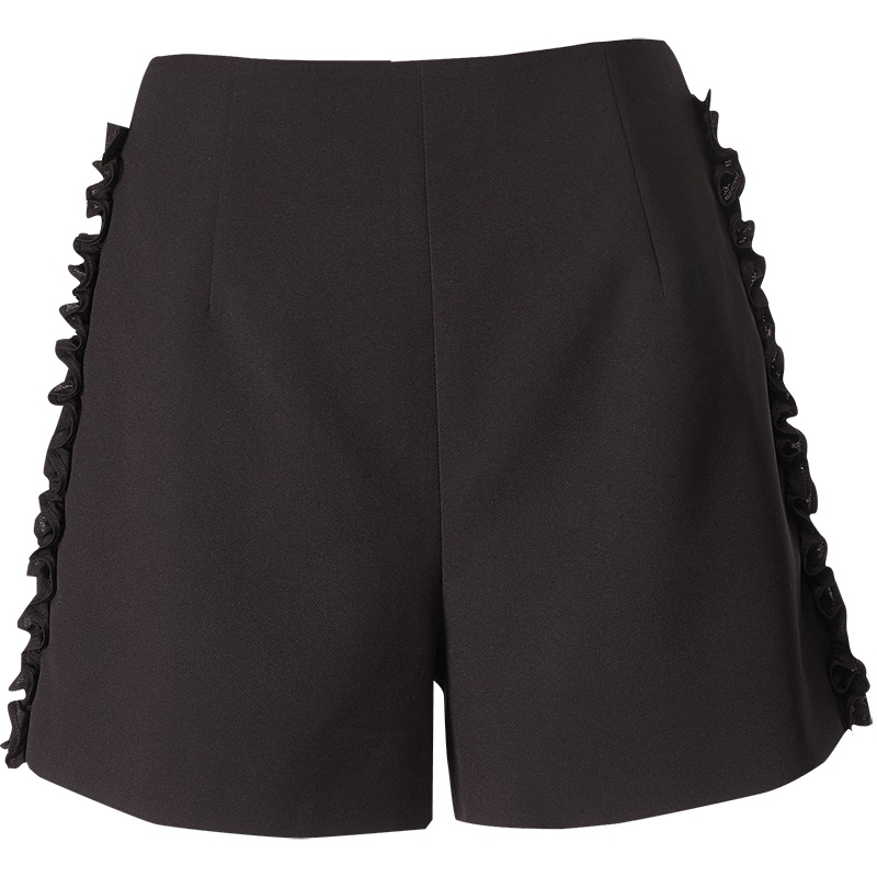 欧昵雪夏季高腰木耳边a字短裤女宽松显瘦黑色西装休闲裤