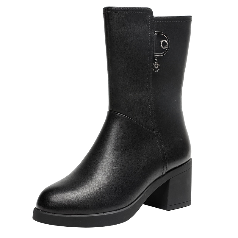 红蜻蜓女鞋真皮女棉靴新款中筒靴真皮高帮时尚百搭保暖休闲女靴