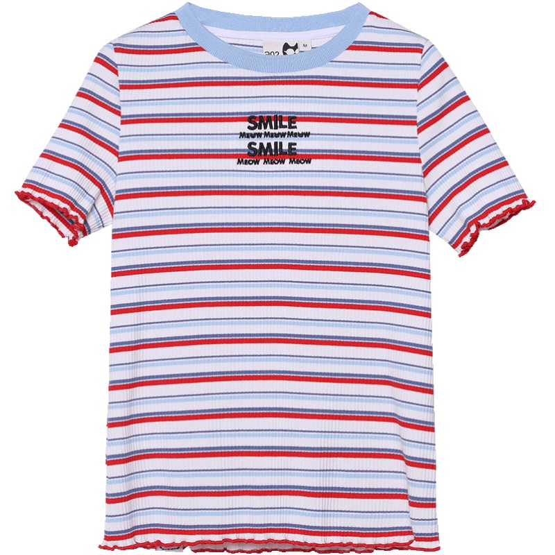 a02新款2020少女减龄撞色条纹拼接木耳边短款T恤女夏DTV2D0751KT