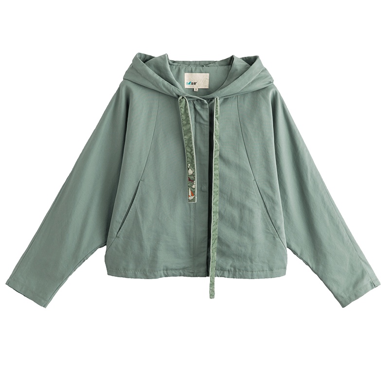 茵曼秋装新款文艺绣花蝙蝠袖连帽拉链外套女小清新宽松短外套