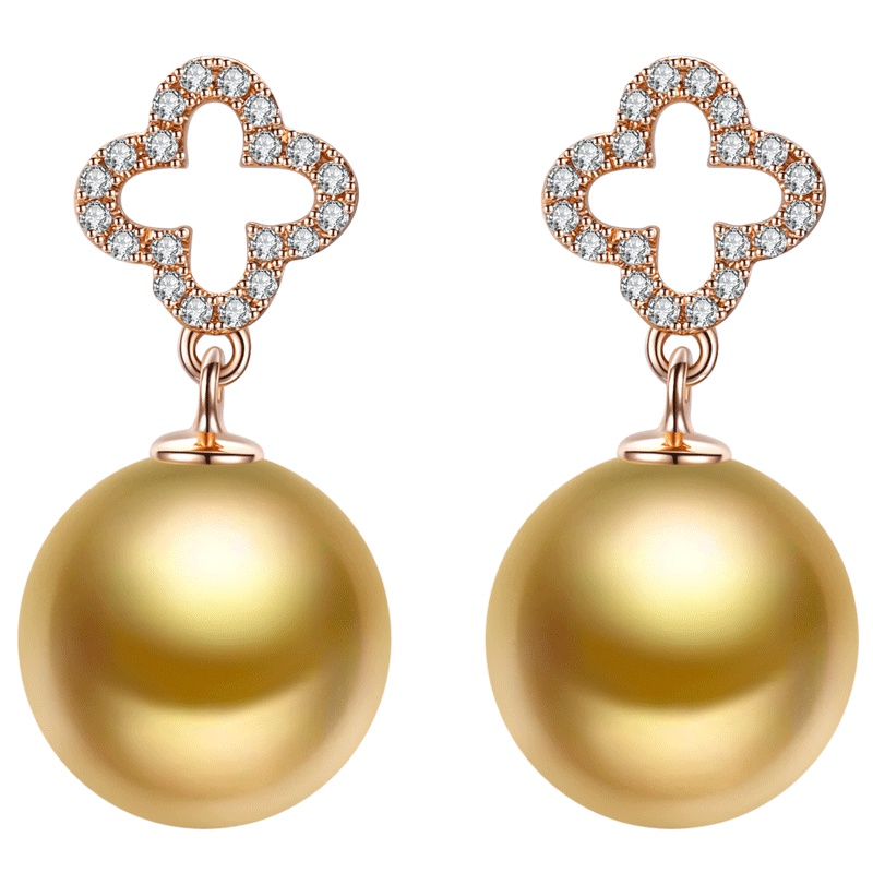 brir 佰色传情 9-10mm正圆南洋金珠耳环18K金钻石轻奢时尚四叶草海水珍珠耳饰耳钉
