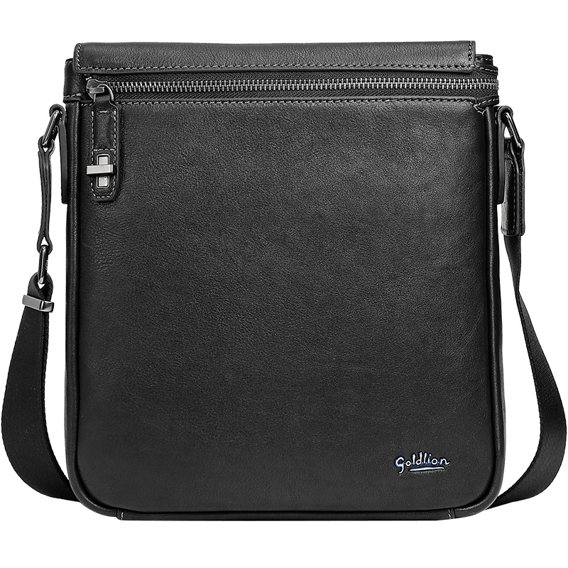 金利来(Goldlion)单肩包男士头层牛皮休闲男包时尚斜挎包商务竖款包包 黑 FA184043-211