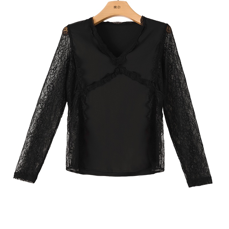 晚白2020冬季新品修身显瘦纯色V领长袖蕾丝衫打底衫内搭T恤女