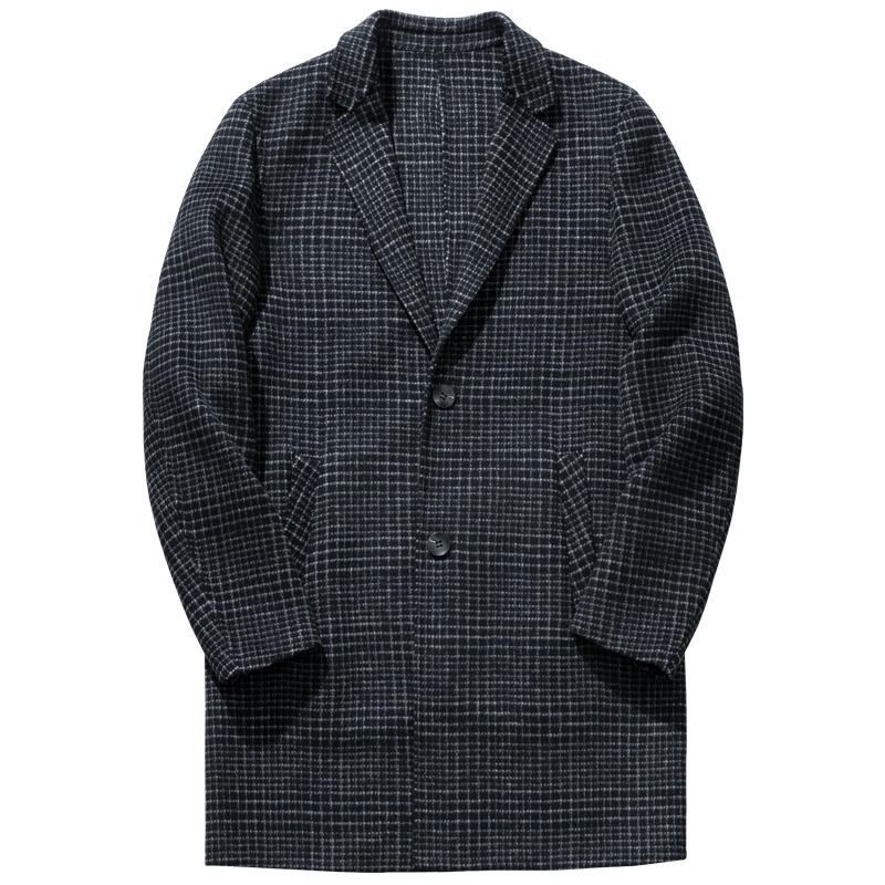 千纸鹤男士中长款毛呢大衣2019冬季商务休闲格子羊毛外套男69051