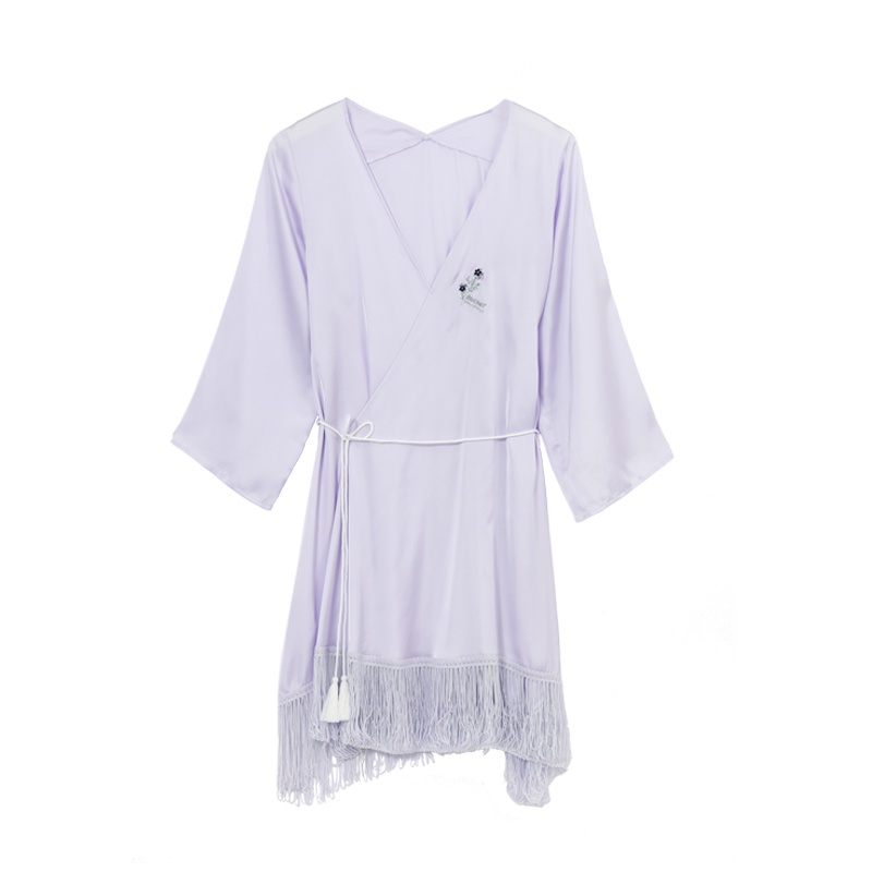 阪织屋睡衣女夏薄款性感睡裙中裙纯色刺绣家居服