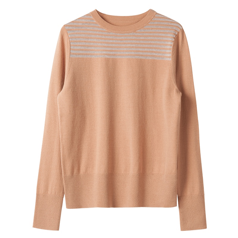 晩白 新品通勤百搭圆领条纹常规款长袖套头针织衫羊毛衫女