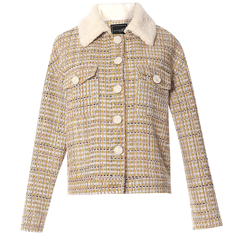 欧昵雪秋冬季加绒翻领减龄粗花呢格子短款毛呢外套女长袖